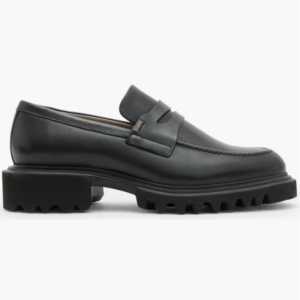 Black Leather Lug-Sole Penny Loafers -women